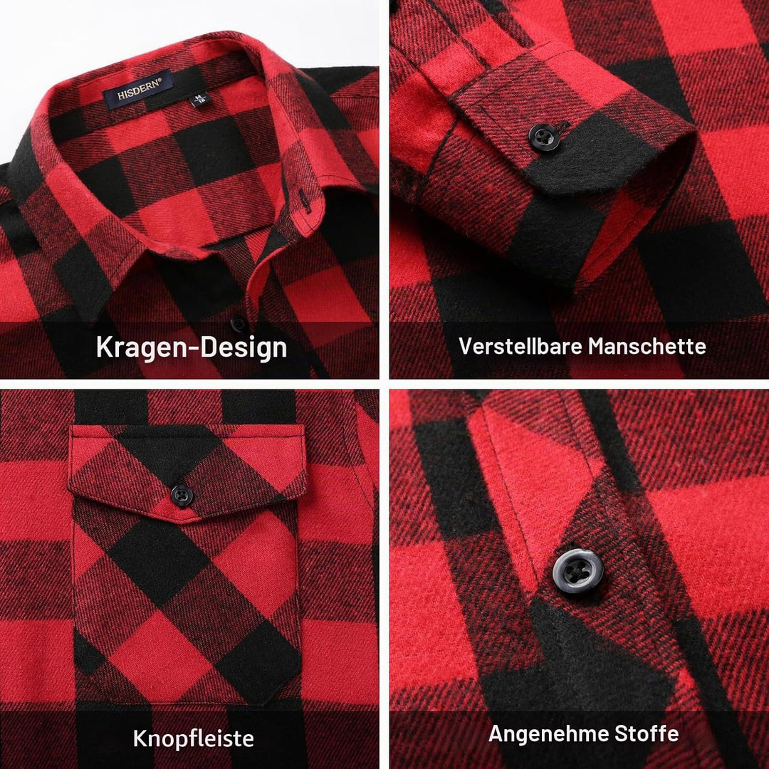 HISDERN Flanellhemd Herren Karierte Hemden Herren Langarm Button Down Baumwolle Holzfällerhemd Regul