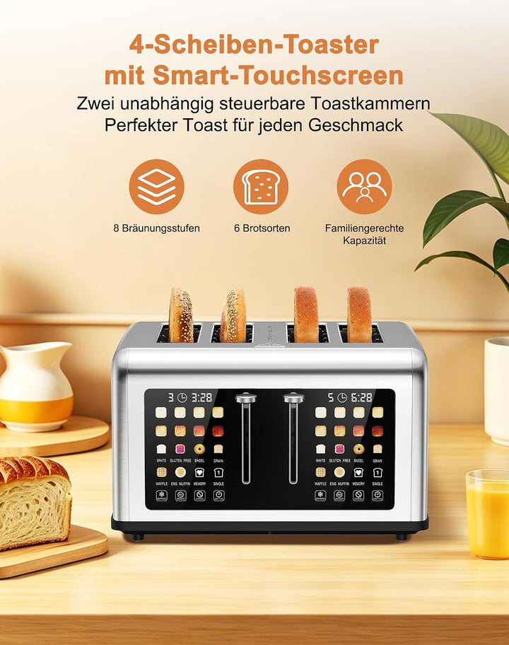 Toaster 4 Scheiben, Toaster Edelstahl mit Touchscreen, 8 Bräunungsstufen, Auftauen & Aufwärmen Funkt