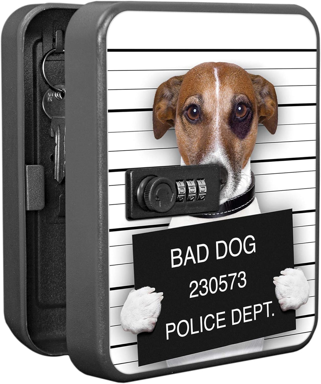 banjado® Burg-Wächter® abschliessbarer Schlüsselkasten mit Motiv Bad Dog J. Russel für 20 Schlüssel