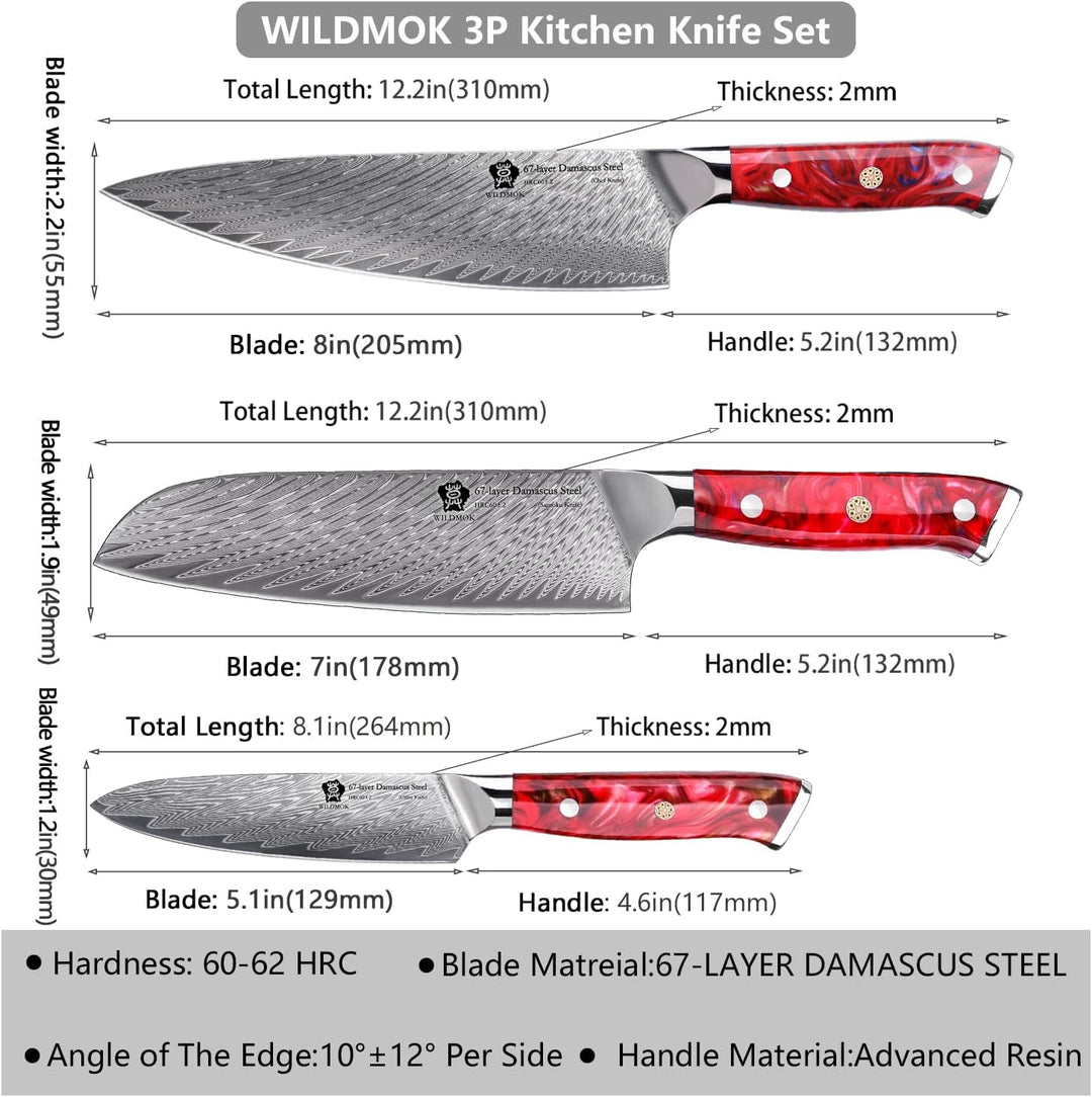WILDMOK Damascus Küchenmesser 3-Teilig, rasier messers charfe Küchenmesser Made of Japanese, Well-Ba