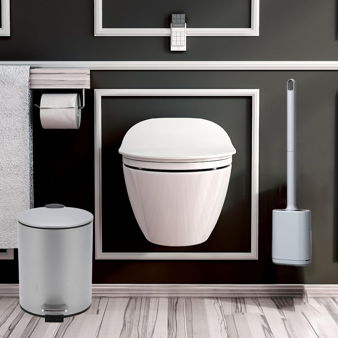 Kosmetikeimer Grau 3l, Mülleimer Bad mit WC-Bürste, Metall Tretmülleimer Badezimmer, Badmülleimer mi