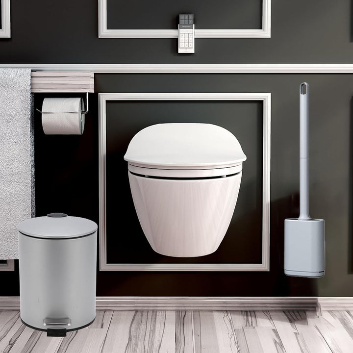 Kosmetikeimer Grau 3l, Mülleimer Bad mit WC-Bürste, Metall Tretmülleimer Badezimmer, Badmülleimer mi