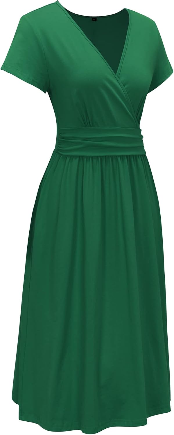 OUGES Kleid Damen Kurzarm/Langarm Sommer Herbstkleid V-Ausschnitt Casual Midi Freizeitkleid mit Tasc