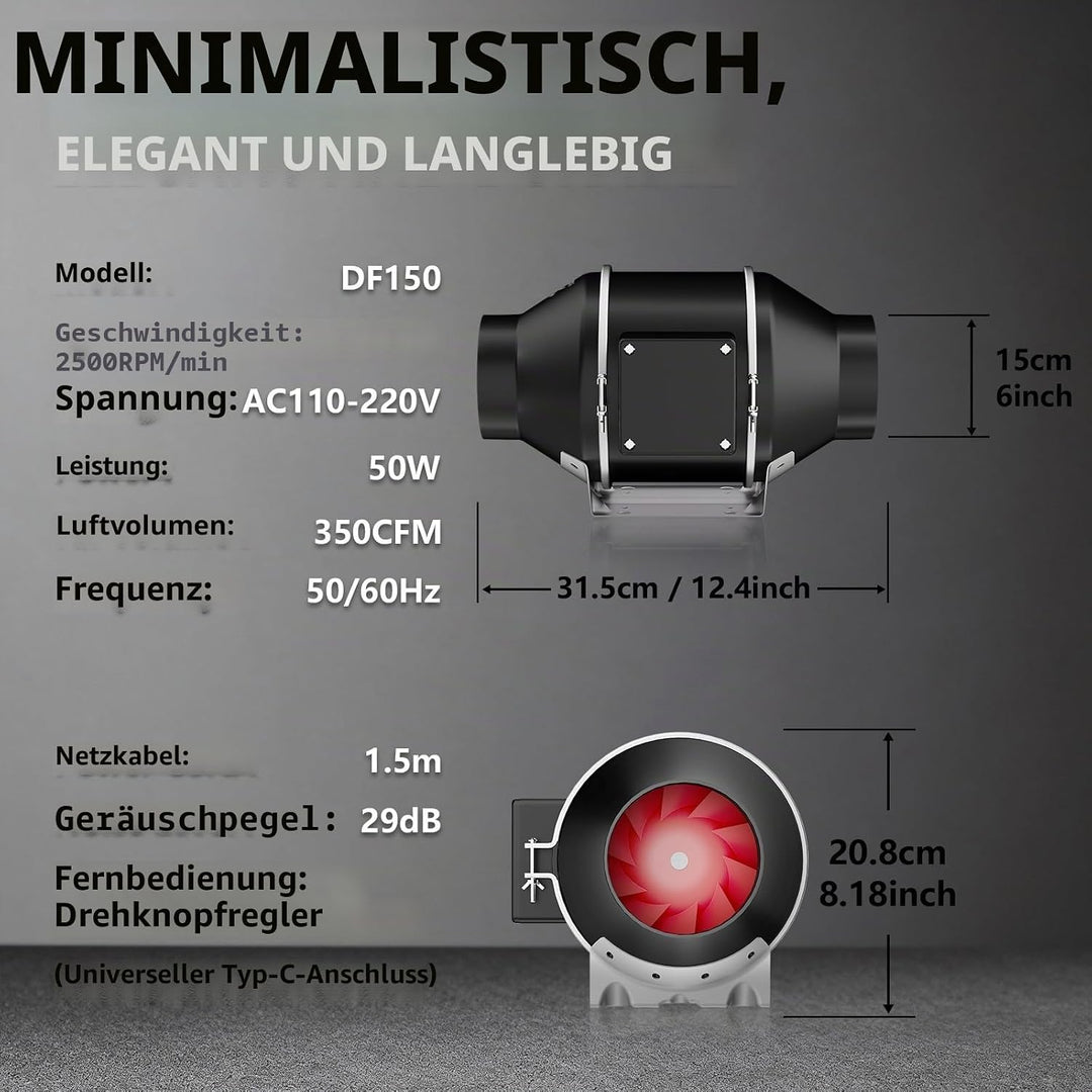 Rohrventilator 150mm, 50 W EC-Motor 2500 U/min 305 m³/h Rohrlüfter 150mm mit Fernbedienung nur 29 dB
