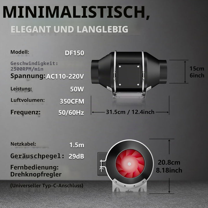 Rohrventilator 150mm, 50 W EC-Motor 2500 U/min 305 m³/h Rohrlüfter 150mm mit Fernbedienung nur 29 dB