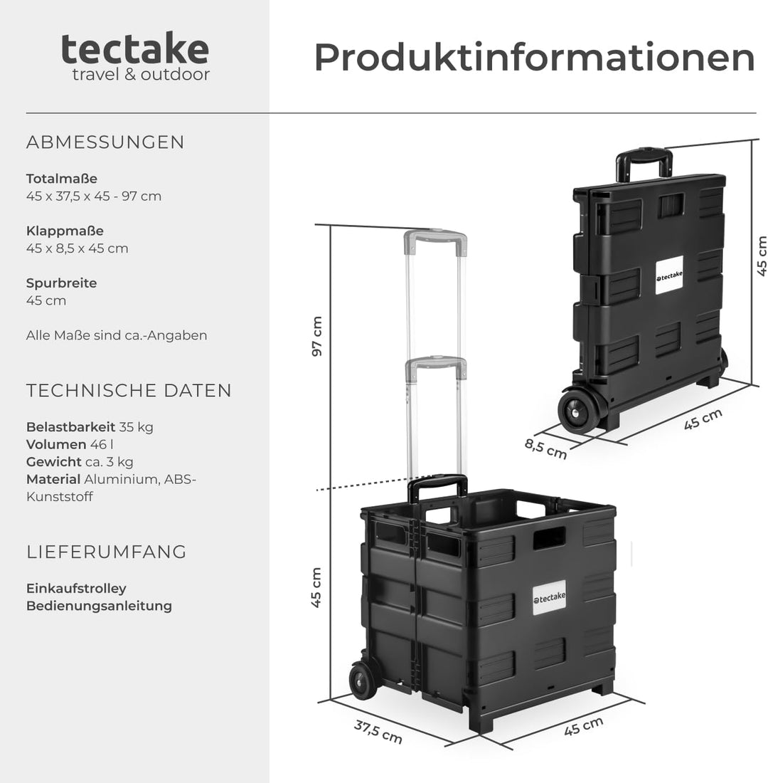 TecTake Einkaufswagen bis 35 kg Einkaufstrolley klappbar | Totalmasse: 45 x 37,5 x 45 - 97 cm | ABS