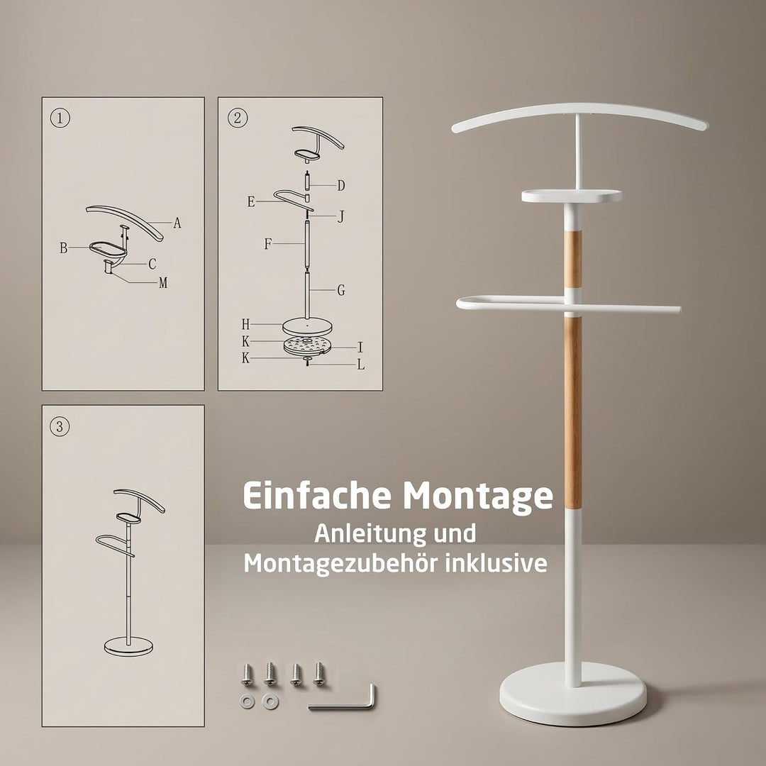 Herrendiener Mod. EIDE - Farbe Weiss und Holz - Mit oberer Kleiderstange und Hosenstange - 47 x 29 x