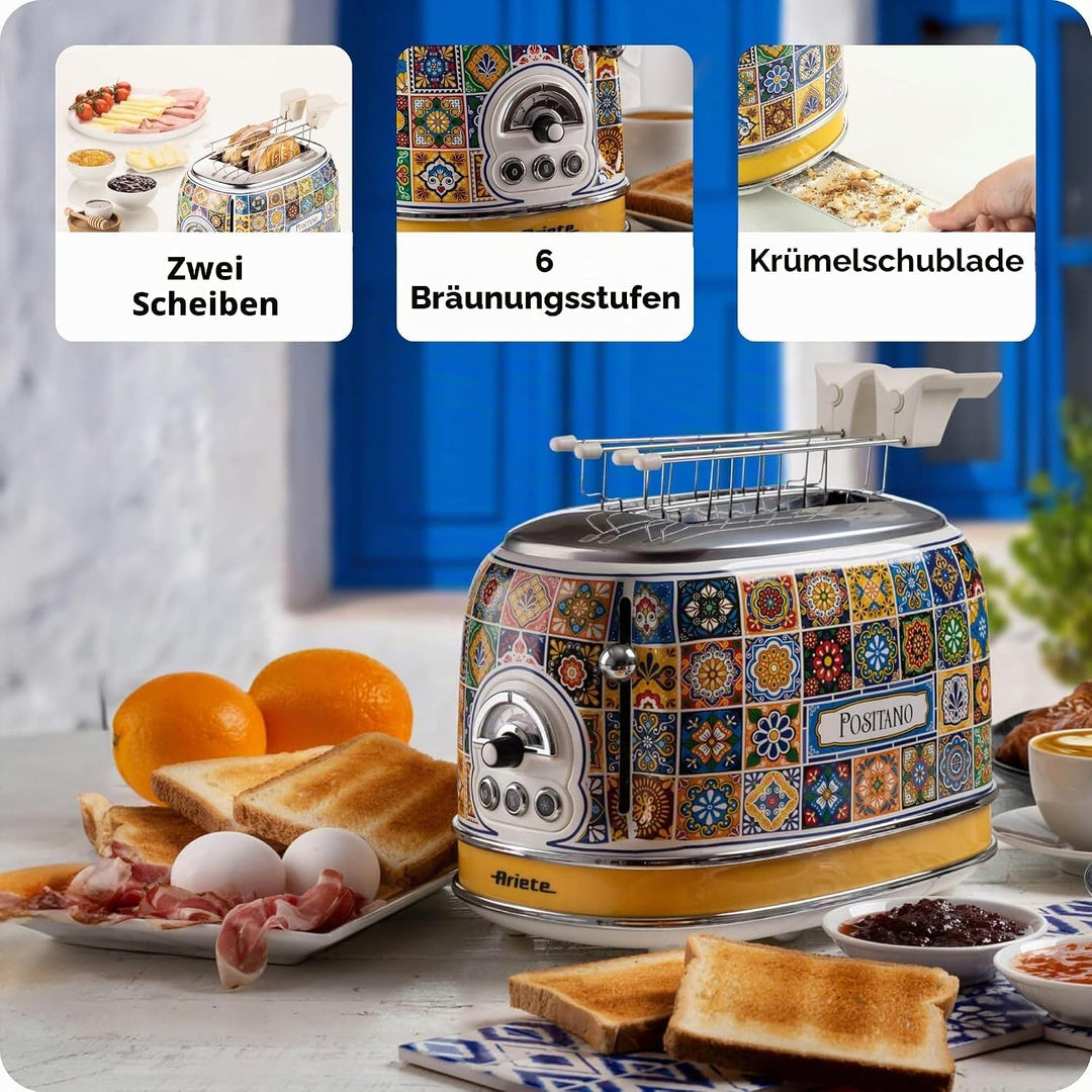 Ariete Positano 155, 2-Scheiben-Toaster, Toaster mit 6 Toaststufen, Automatischer Auswurf, Auftaufun