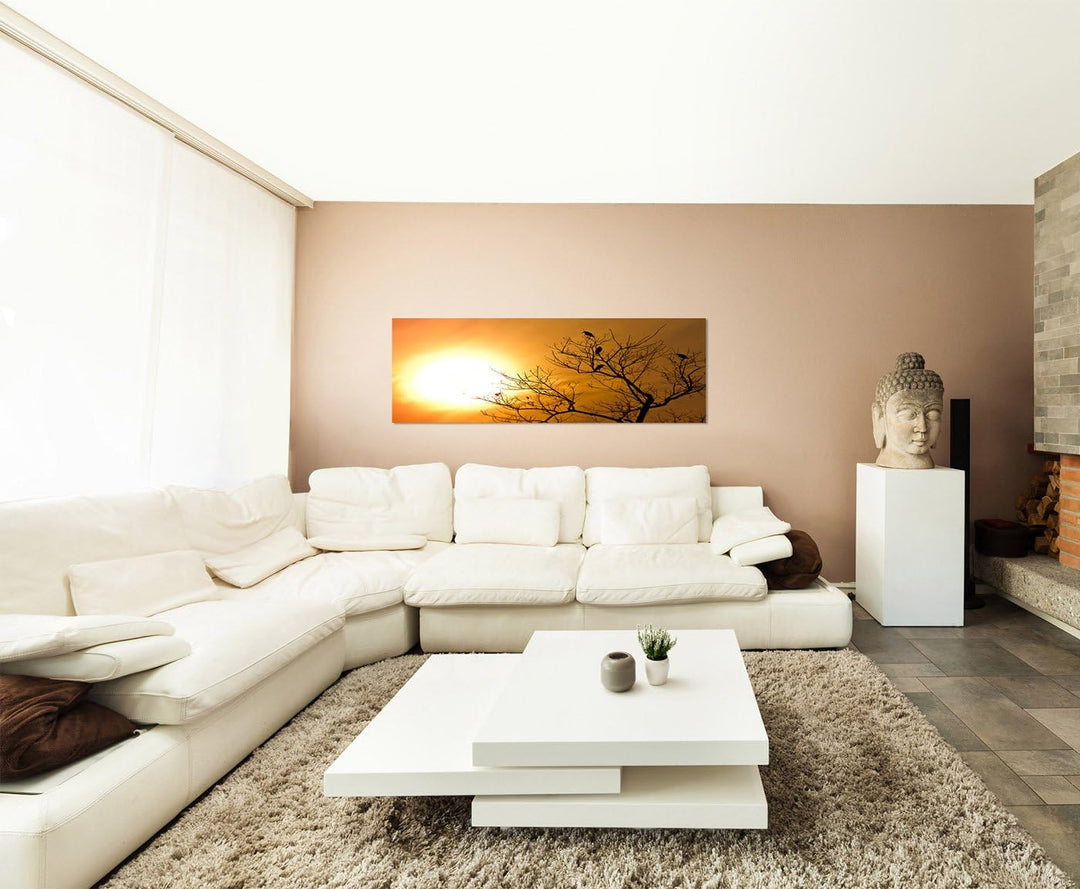 Paul Sinus Art Panoramabild auf Leinwand und Keilrahmen 150x50cm Nepal Baum Vögel Sonnenuntergang