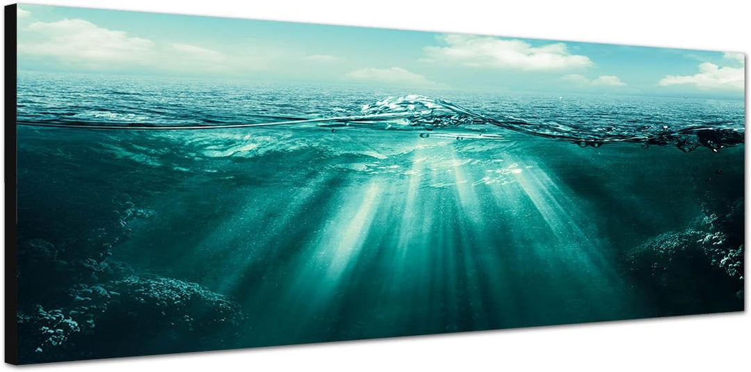 Paul Sinus Art Panoramabild auf Leinwand und Keilrahmen 150x50cm Meer Welle Unterwasser Sonnenstrahl