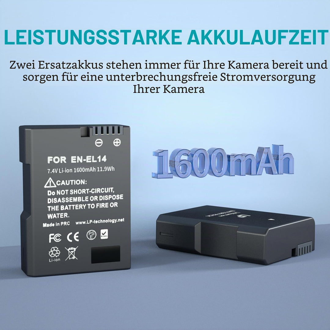 LP EN-EL14 Akku 2 Pack EN EL14a Ersatzakku kompatibel zu D3500, D5600, D3300, D5100, D5500, D3100, D