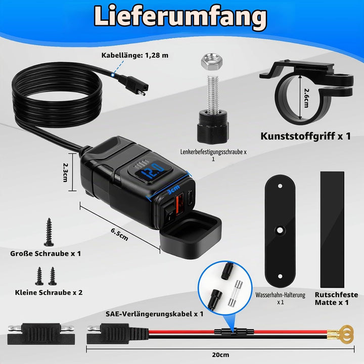 USB Steckdose Motorrad &amp; Wohnmobil - PD Type-C &amp; USB Ladegerät mit EIN-/Ausschalter und LED-Spannung
