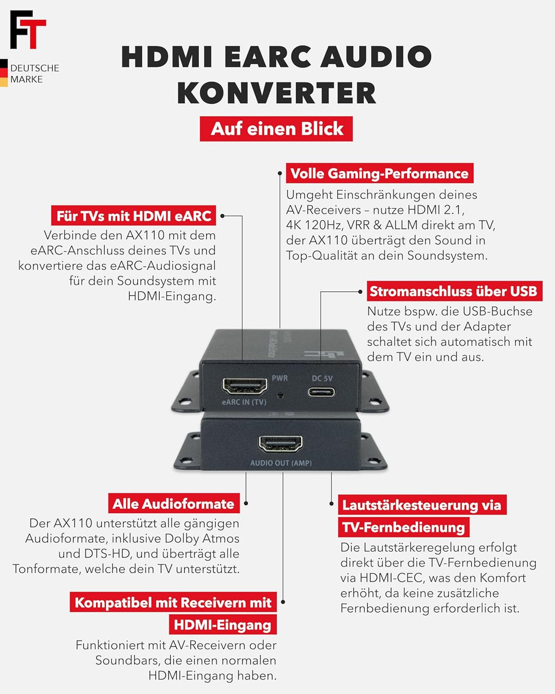FeinTech AX110 HDMI 2.1 eARC Audio Extractor Konverter für Fernseher mit HDMI-eARC Extractor mit HDM