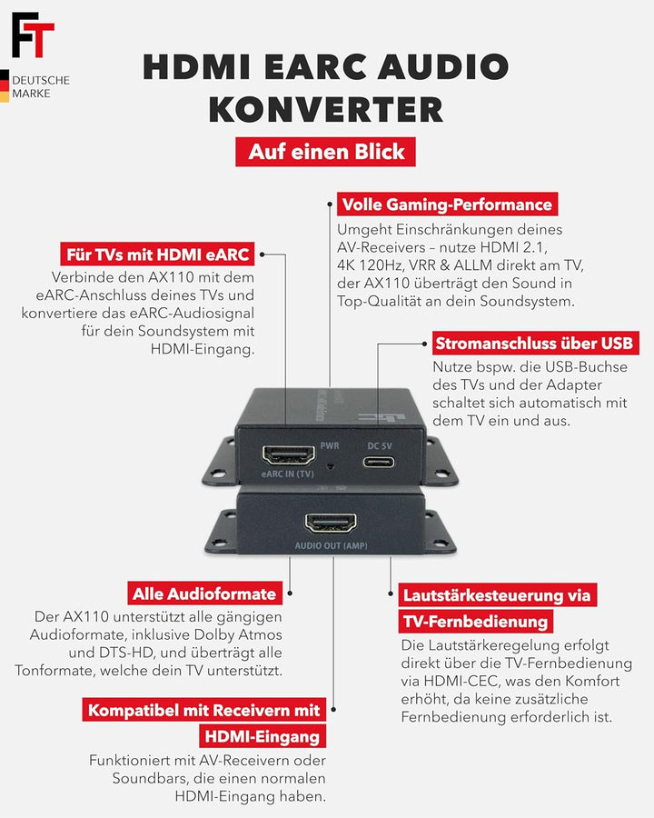 FeinTech AX110 HDMI 2.1 eARC Audio Extractor Konverter für Fernseher mit HDMI-eARC Extractor mit HDM