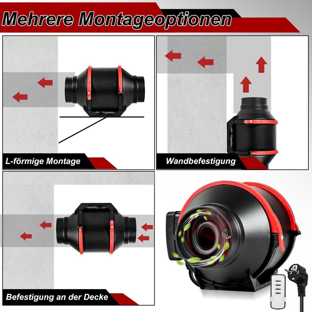 100mm Rauchabzug Rohrventilator, 310m³/h Abluftventilator, Inline-Kanalventilator mit Fernsteuerung,