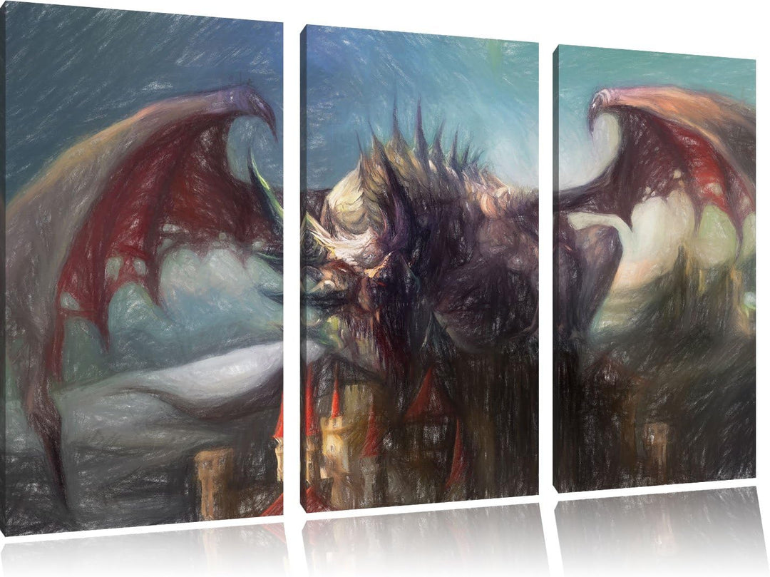 Pixxprint der Drache auf der Festung als Leinwandbild/Grösse: 3 Teilig (120x80 cm) cm/Wandbild/Kunst