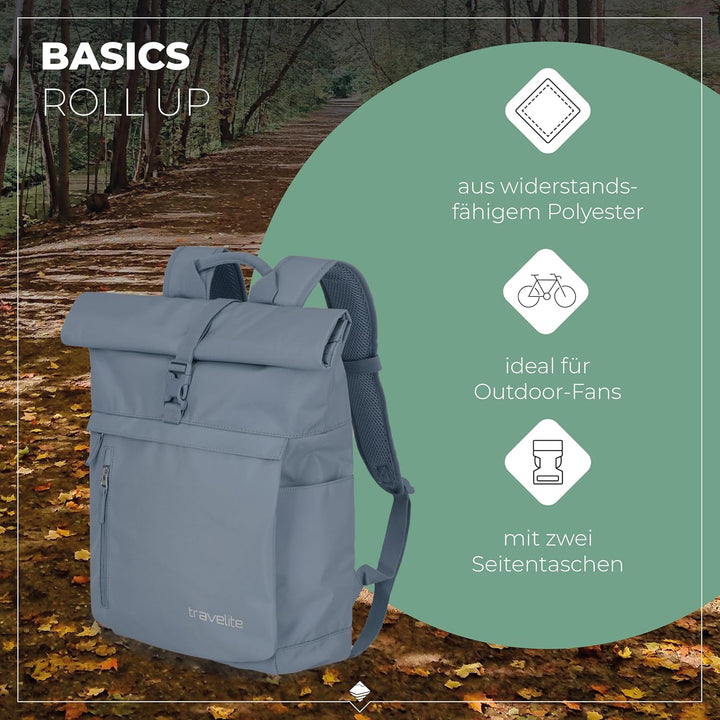Travelite Handgepäck Rucksack, Laptop Rucksack 15,6 Zoll, BASICS, Reiserucksack Rolltop Funktion, 60
