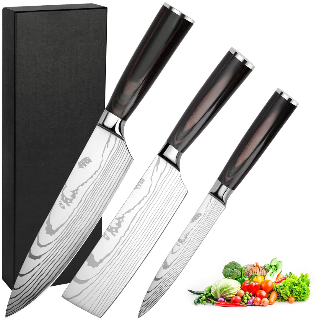 Messerset 3-tlg Küchenmesser Set aus Hochwertigem Carbon Edelstahl, Profi Messer Set mit Chefmesser