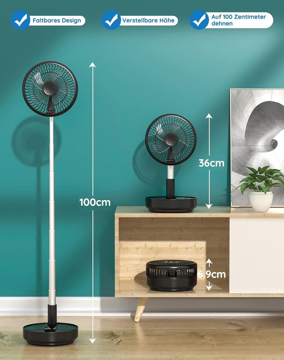 Tragbarer oszillierender Ventilator, höhenverstellbarer Ventilator mit Fernbedienung, faltbarer Vent