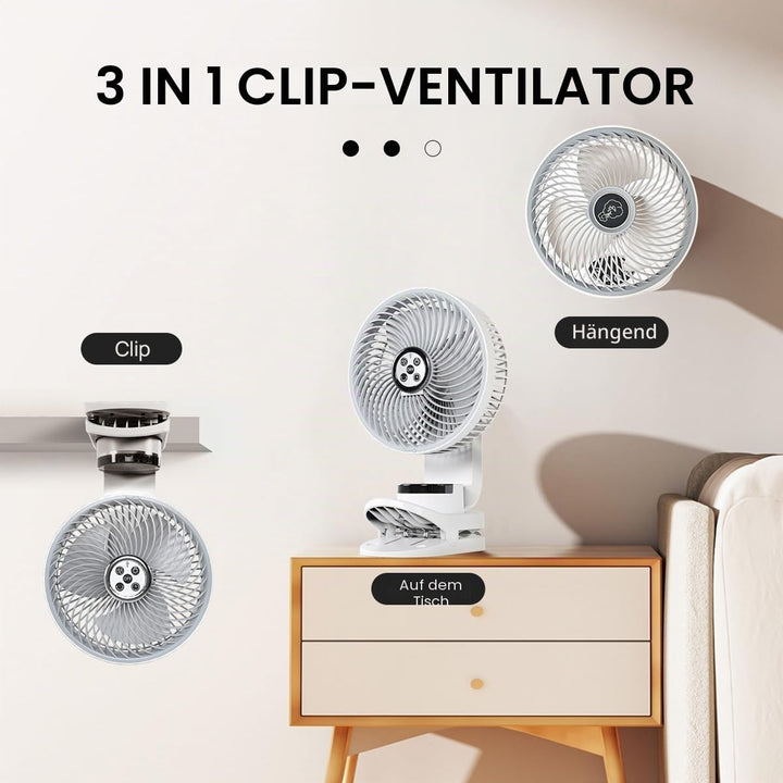 20000mAh Mini USB Clip Ventilator mit akku,3 in 1 Clip Fan Tischventilator mit Led Anzeige, 360°Dreh