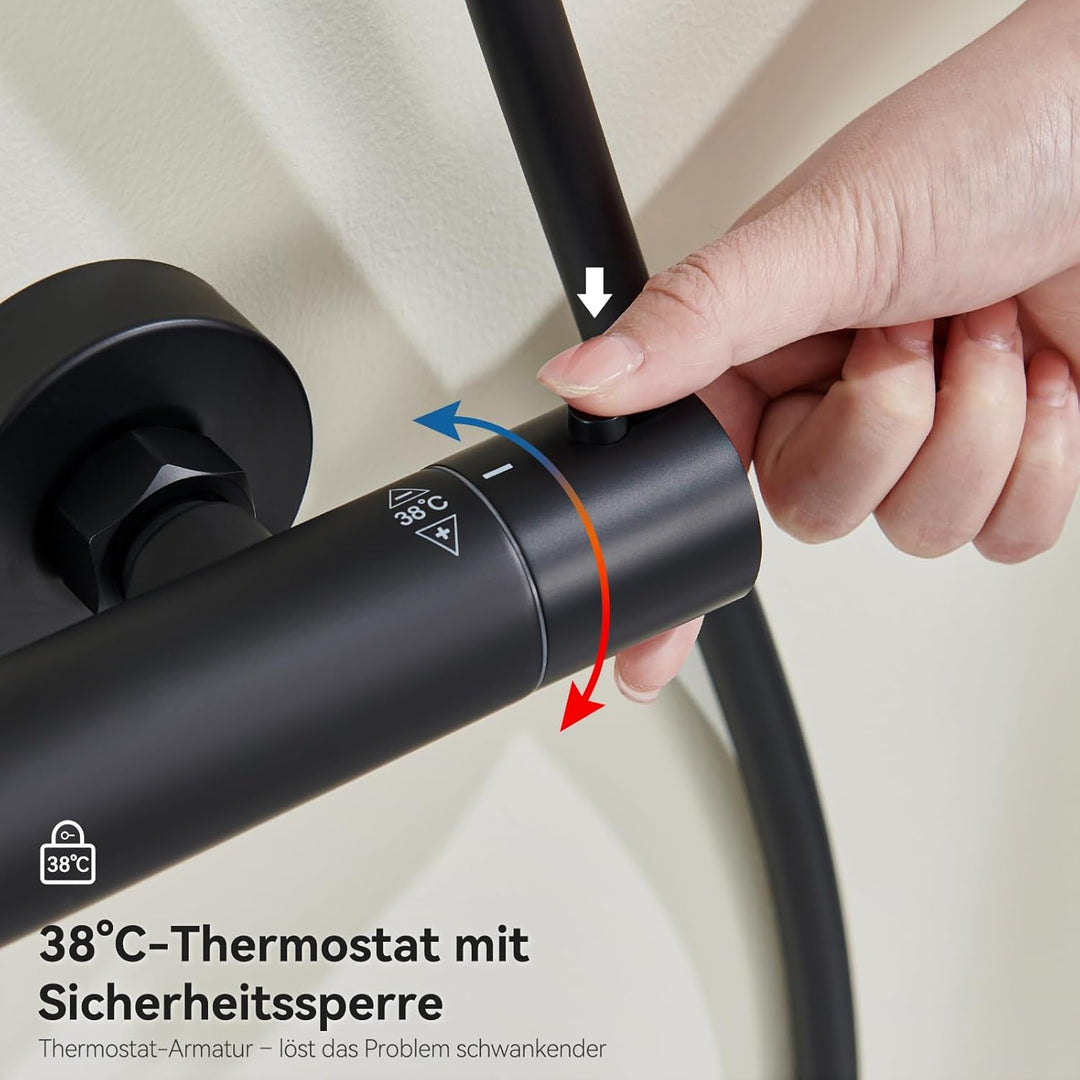 Auralum Duschsystem mit Verbrühschutz-Thermostat Armatur, Duscharmatur Komplettset Schwarz, 25x25cm