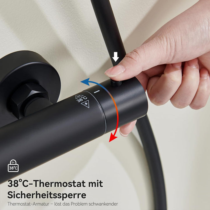 Auralum Duschsystem mit Verbrühschutz-Thermostat Armatur, Duscharmatur Komplettset Schwarz, 25x25cm
