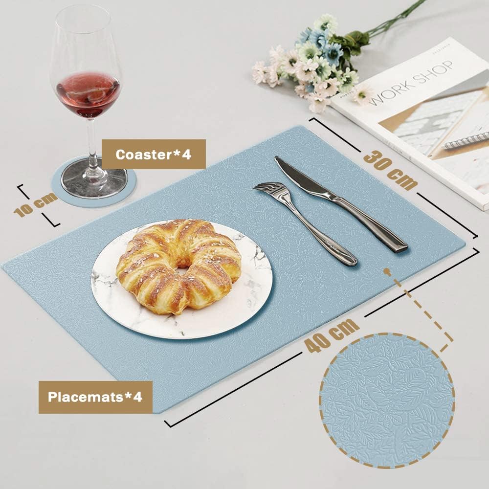 KERYCHIN 4 Platzdeckchen aus Silikon + 4 rutschfest Tischuntersetzer mit Blattmuster Set, Hitzebestä