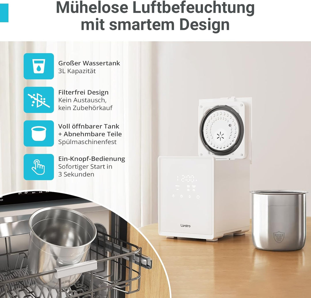 Luftbefeuchter Schlafzimmer Top-Fill, 3L Edelstahl Warmnebel Luftbefeuchter, Reduziert 99,97% der Ba