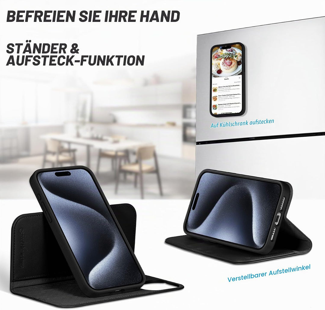 SHIELDON Hülle für iPhone 15 Pro Max, Echtleder Handyhülle [Abnehmbar] [kabelloses Laden] [Kartenfac