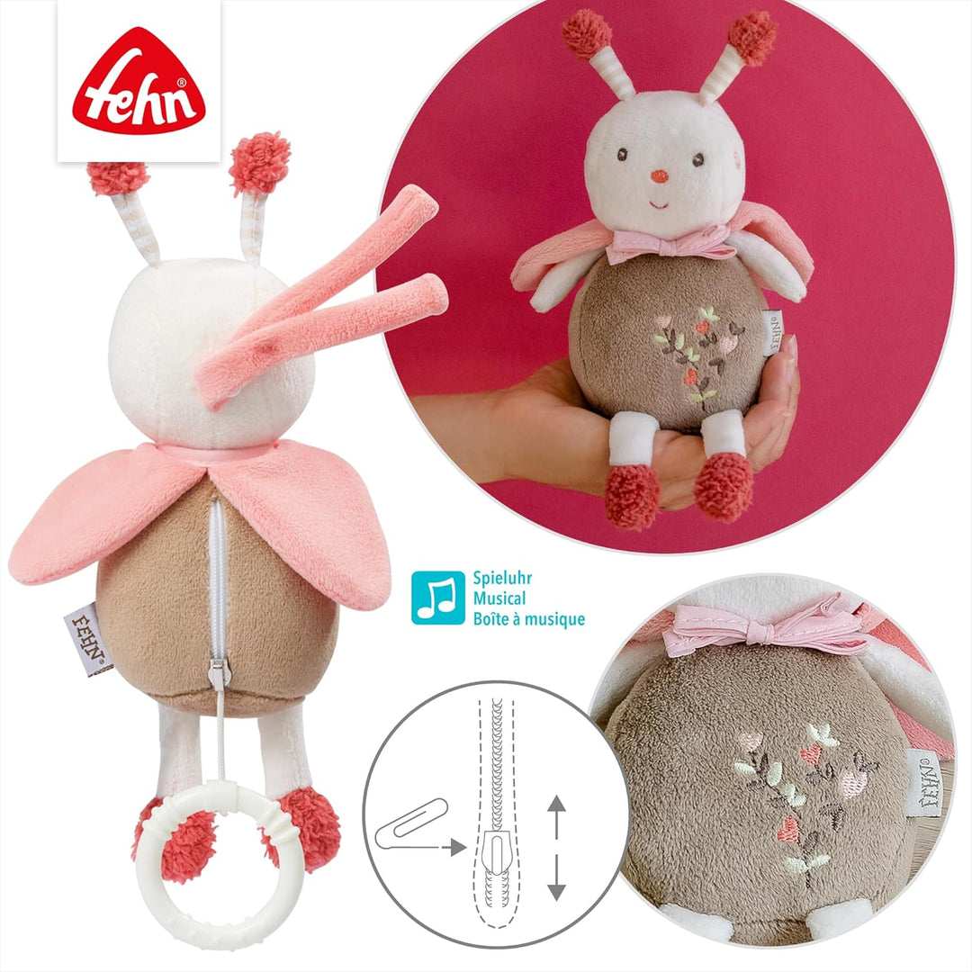 Fehn Spieluhr Baby Einschlafhilfe Biene - Kuscheltier mit Befestigung - Einschlafhilfe Melodie Weiss
