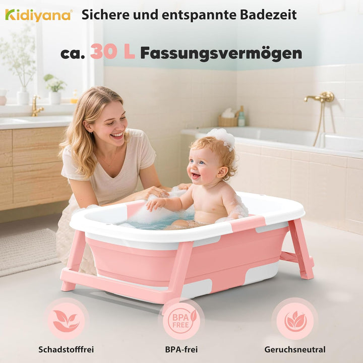 Baby Badewanne faltbar mit Gestell, stabil und rutschfest, platzsparend klappbar, mit Ablauf, PP & T