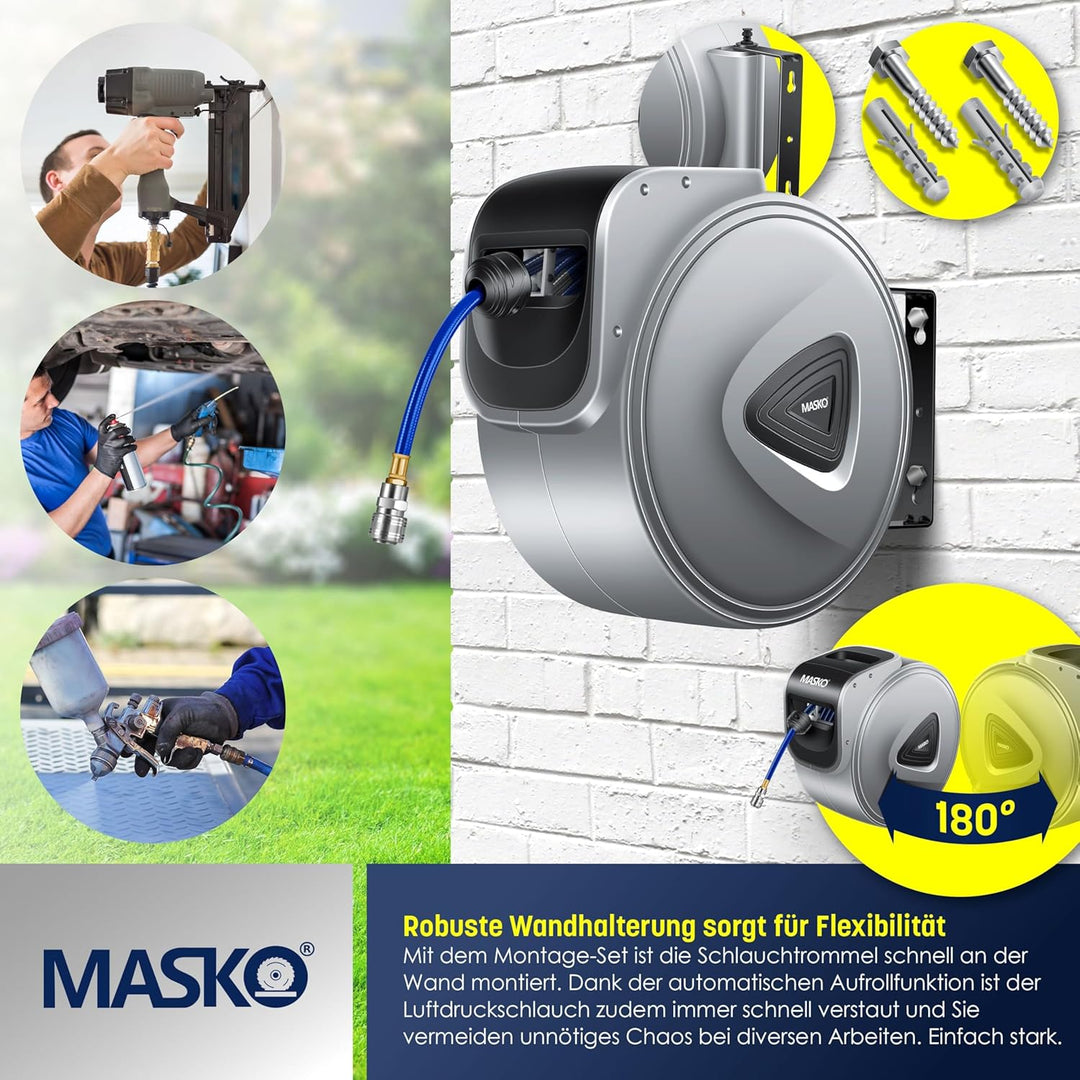 MASKO® Automatik Druckluftschlauch Aufroller 30m – Schlauchtrommel mit 1/4" Anschluss, Schlauchaufro
