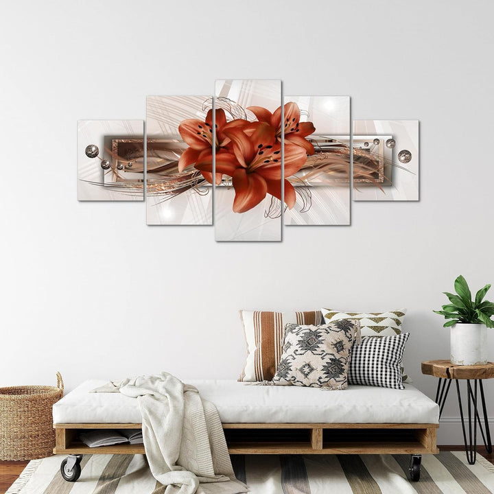 Runa Art - Bilder Blumen Lilien 200 x 100 cm 5 Teilig XXL Wanddekoration Design Beige Braun 008751b