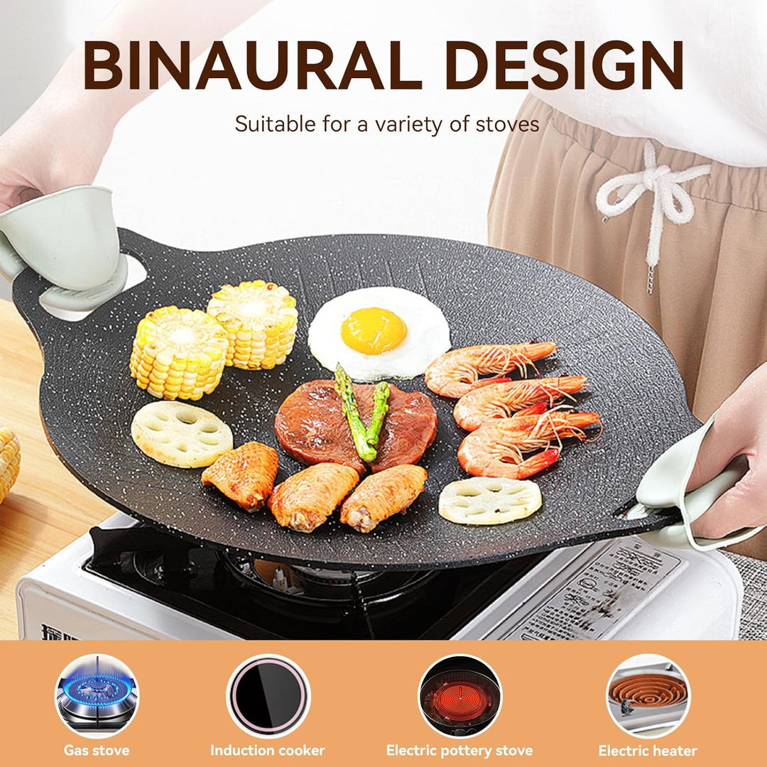 Cyrank Koreanische BBQ-Grillpfanne, Runde BBQ-Grill Antihaft-Grill, Koreanischer BBQ-Grillplatte, An