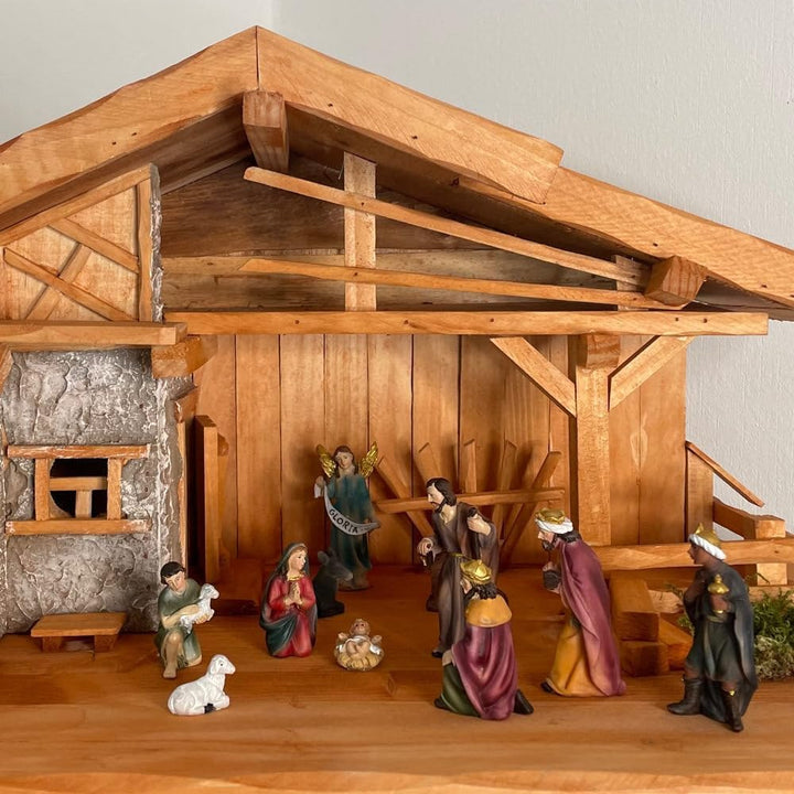 Handgefertigte Weihnachtskrippe aus Holz mit handbemalten 11 Figuren I Tisch Krippe I Weihnachten I