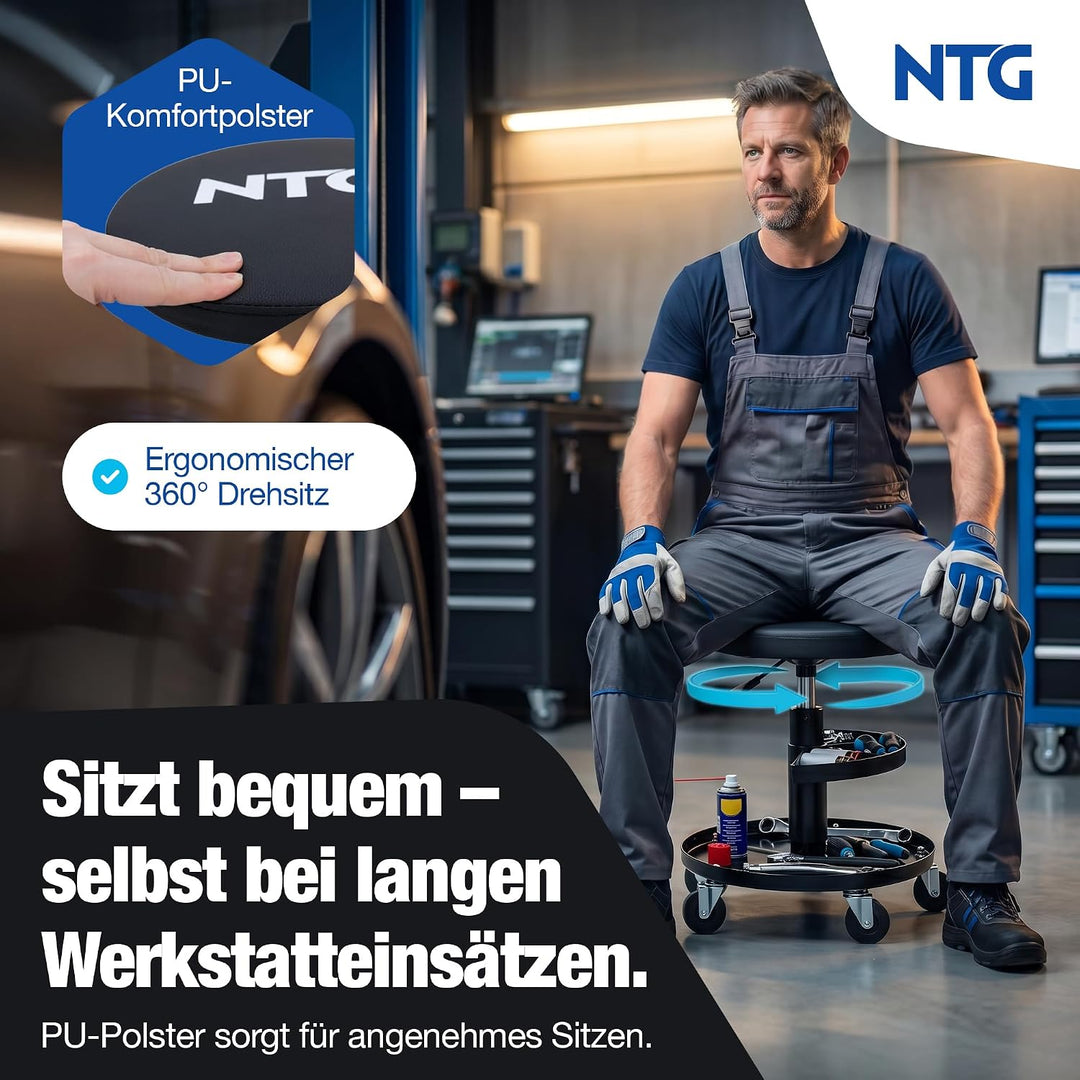 NTG Rollhocker höhenverstellbar 55 cm - Werkstatthocker 100 kg 5 Rollen | Drehhocker Montagehocker m
