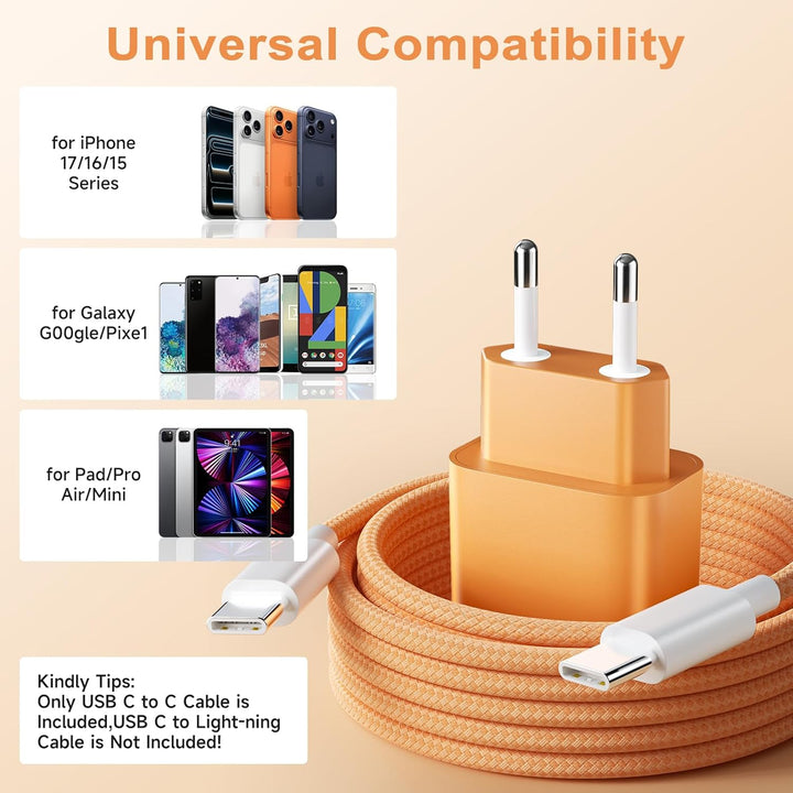 2Pack USB C Ladegerät Ladekabel für iPhone 17/16, 20W USB C Schnellladegerät und Schnellladekabel, T
