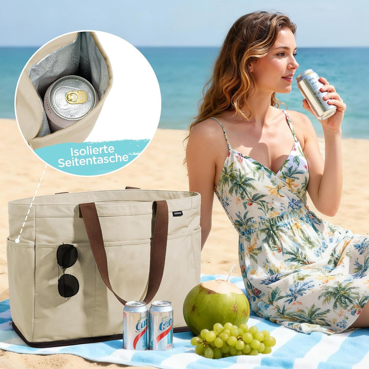 GAGAKU Strandtasche XXL mit Kühlfach, Wasserfest Beach Bag mit Reissverschluss – Faltbar Gross Badet