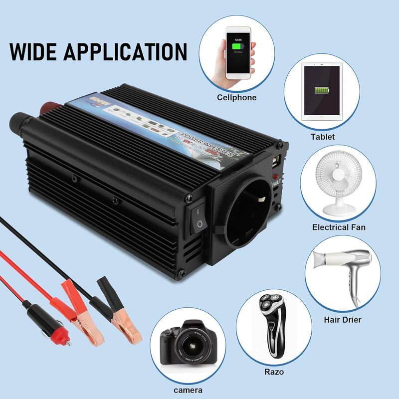 500W Wechselrichter DC 12V auf 220-230V Spannungswandler Auto Steckdose Stromwandler, Adapter Zigare