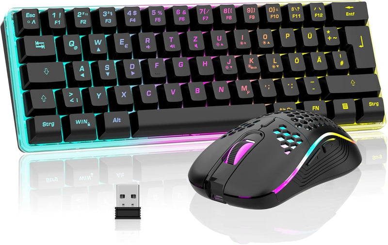RedThunder K62 60% Kabelloses Gaming Tastatur und Maus Set, QWERTZ DE Layout, Wiederaufladbare Kompa