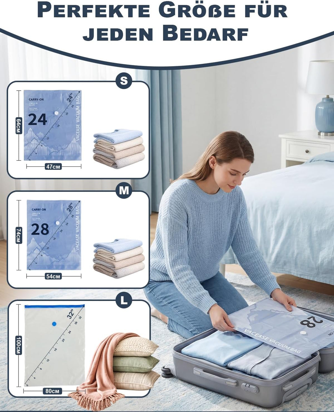 Vakuumbeutel für Kleidung mit Elektrischer Pumpe, 12er-Set Vakuumbeutel (4 * 100x80cm, 4 * 74x54cm,