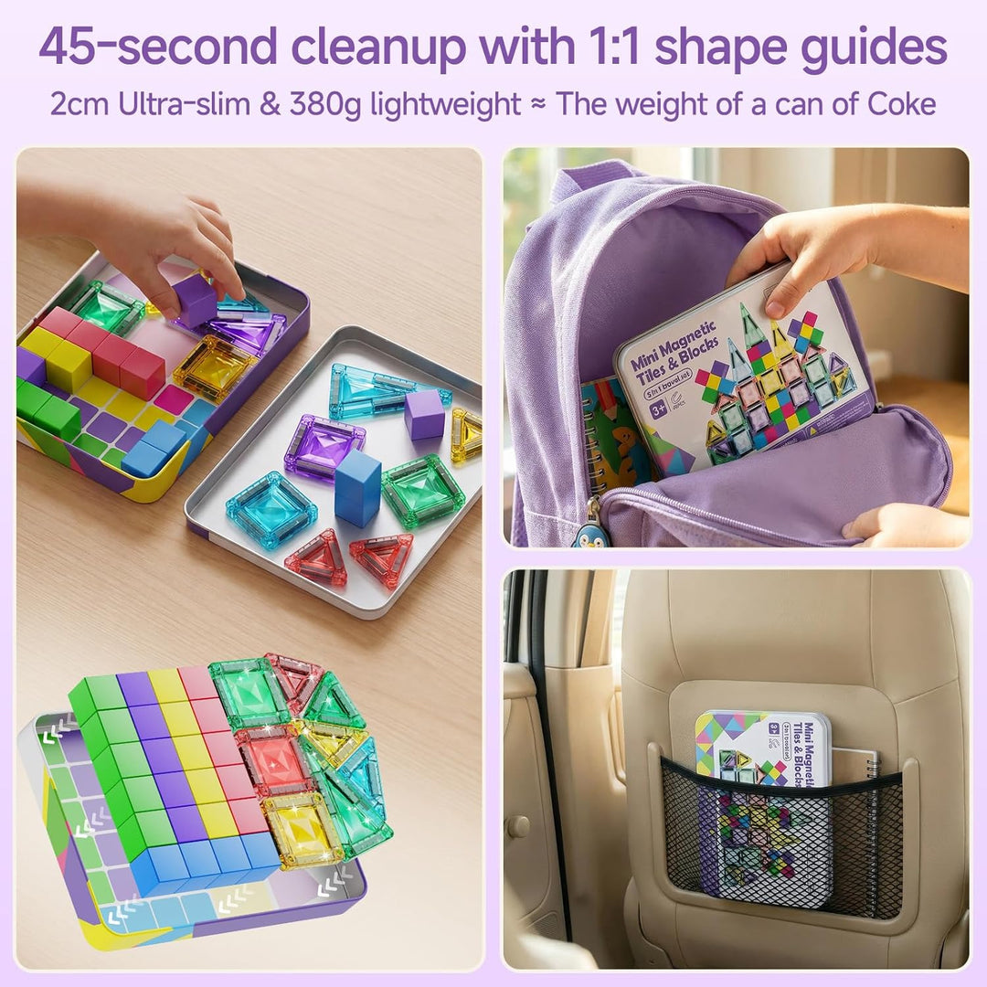 Magnetische Bausteine Reiseset (3-in-1): 48-Teile Magnetspielzeug in Ultraleichter Metallbox (nur 38