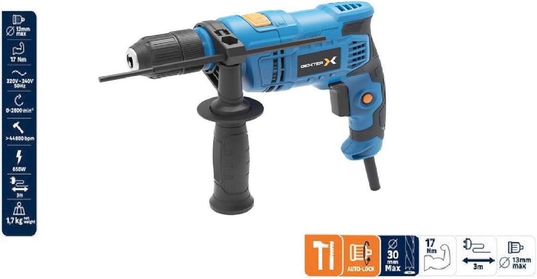 DEXTER - Schlagbohrer - Bohrmaschine - Handbohrmaschine - 650W - 44800 SPM - Auto-lock Ø13 mm - Tief