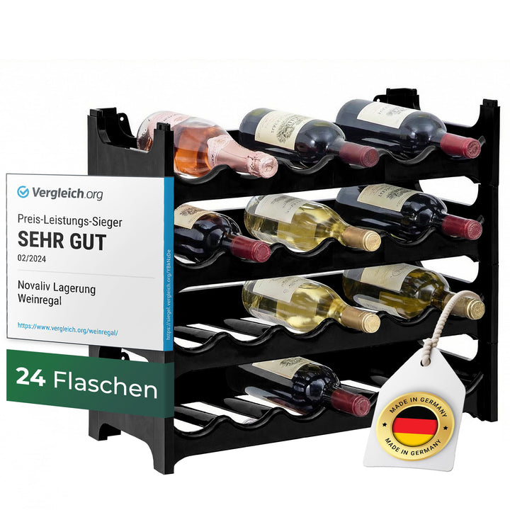 Novaliv Flaschenregal für 24 Flaschen aus Kunststoff, erweiterbar, Weinregal stapelbar, Schwarz, Get