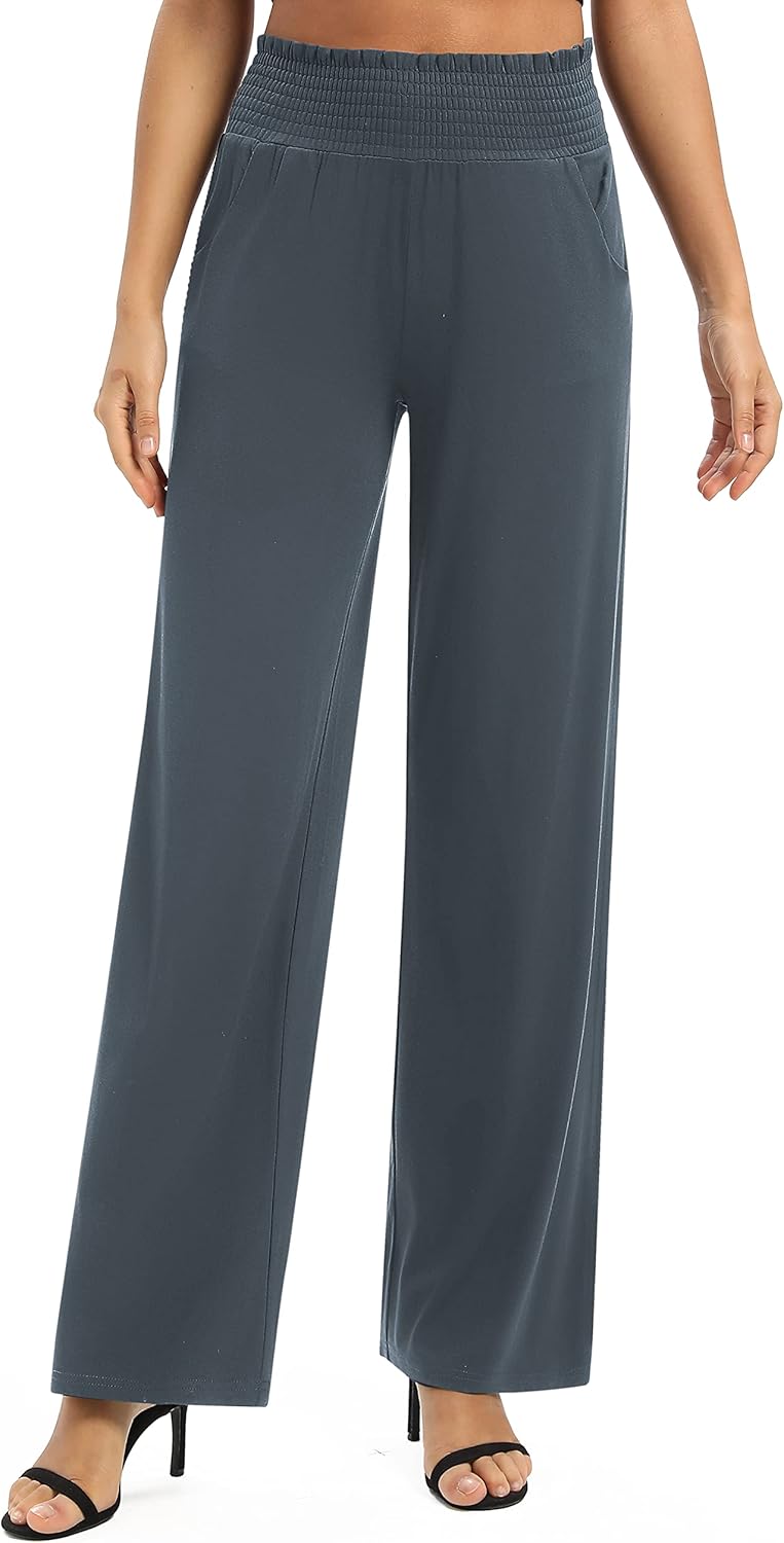 EXCHIC Damen Einfarbig Lose Gerade Geschnitten Palazzo Hose Hohe Taille Dehnbar Lounge Hose mit Tasc
