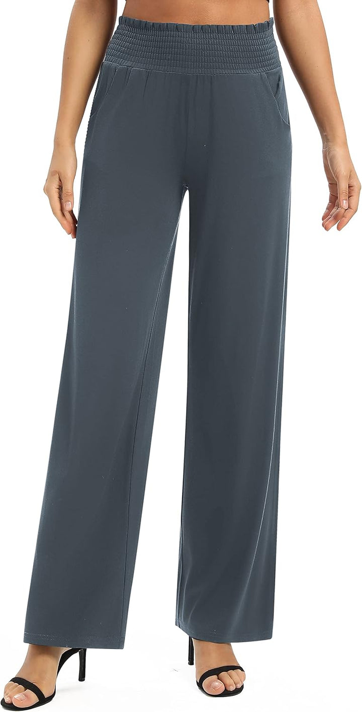 EXCHIC Damen Einfarbig Lose Gerade Geschnitten Palazzo Hose Hohe Taille Dehnbar Lounge Hose mit Tasc