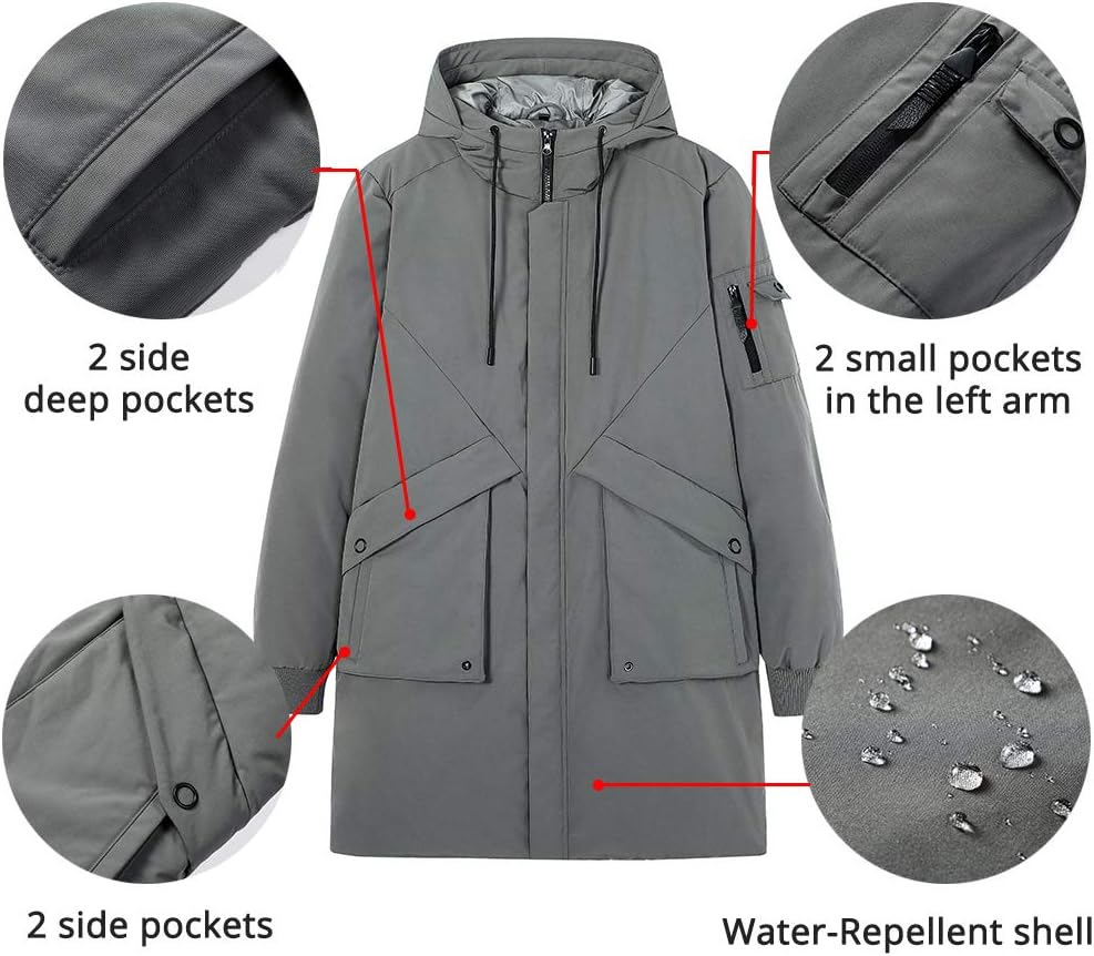 Herren Winterjacke Warm Lang Warme Atmungsaktiv Jacken Outdoor Coat mit Kapuze, S Grau