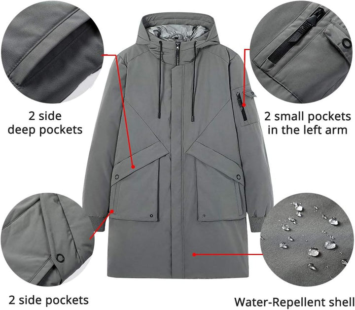 Herren Winterjacke Warm Lang Warme Atmungsaktiv Jacken Outdoor Coat mit Kapuze, S Grau
