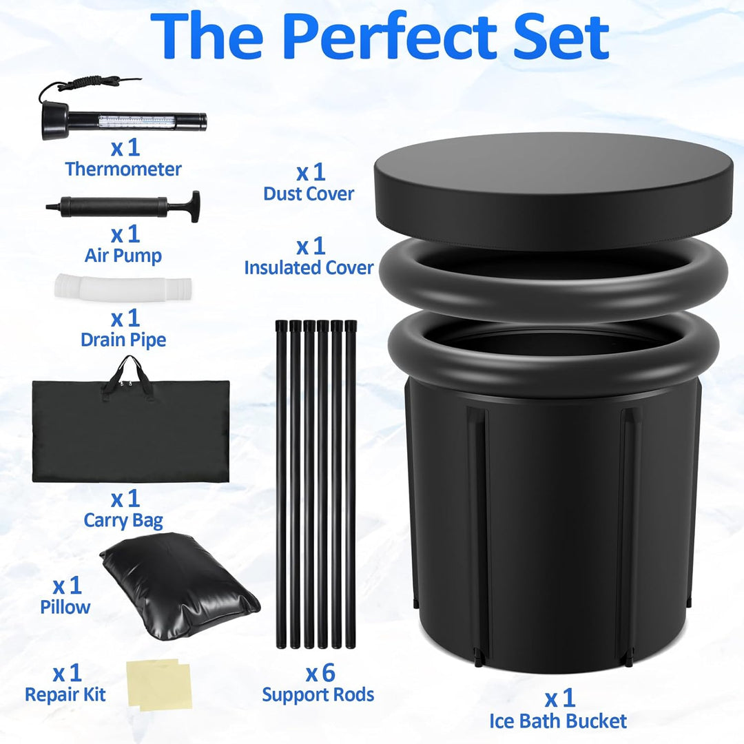 Eisbad Tonne 80 cm, Faltbare Badewanne 390L mit Abdeckung, Eisbaden zu Hause, Kältetherapie Set mit
