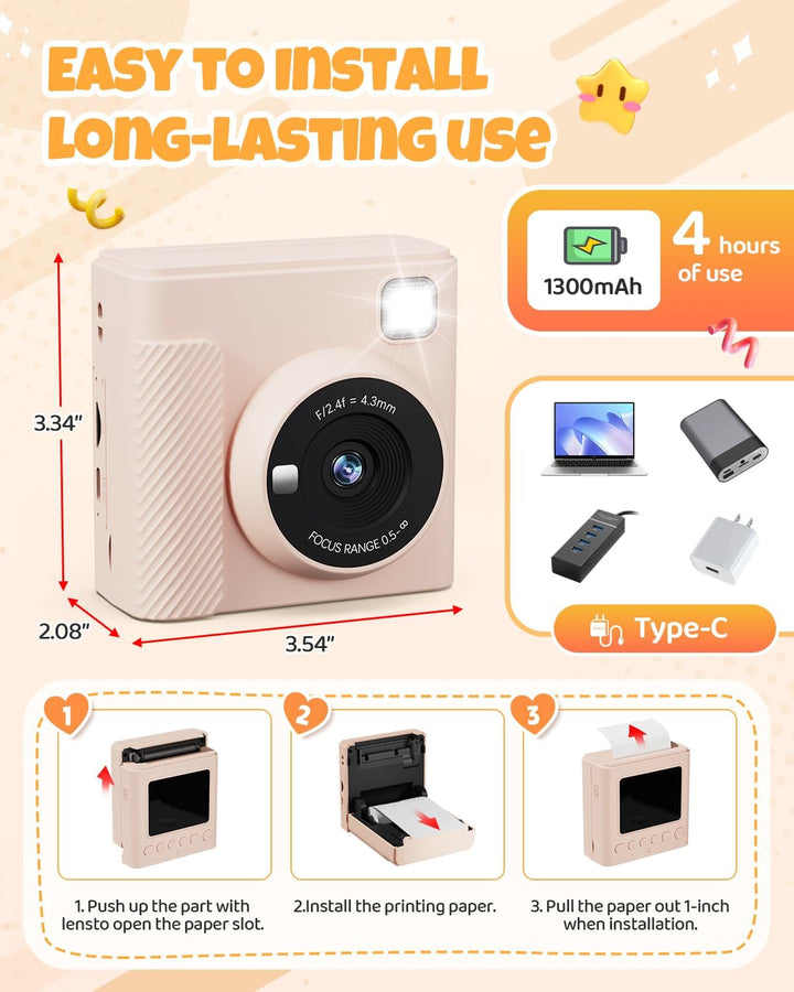 Kinderkamera Sofortbildkamera, 2,4 Zoll Sofortbildkamera Kinder mit 32G Karte und Fotopapier Drucken